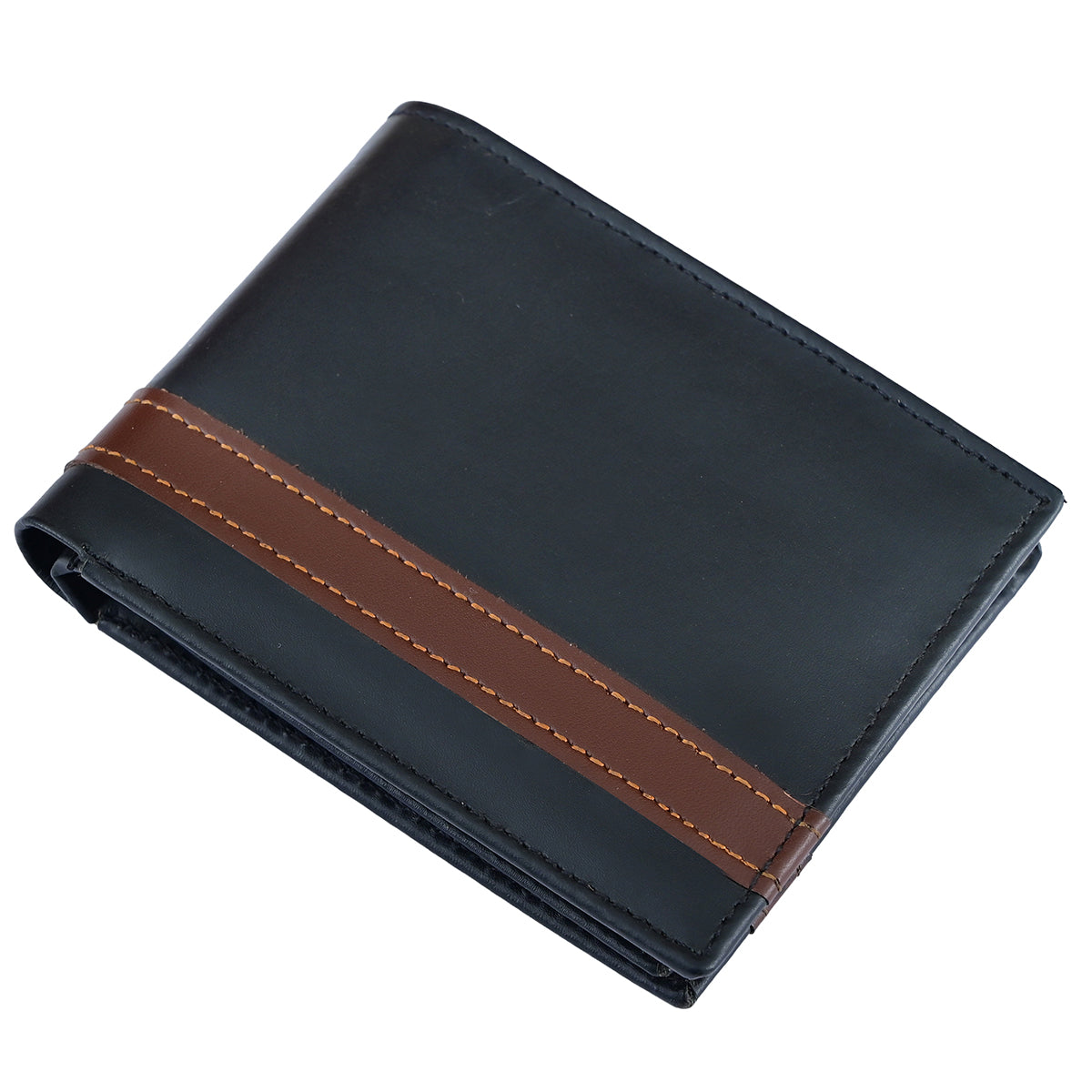 Classic Black Leather Wallet with Stylish Brown Stripe