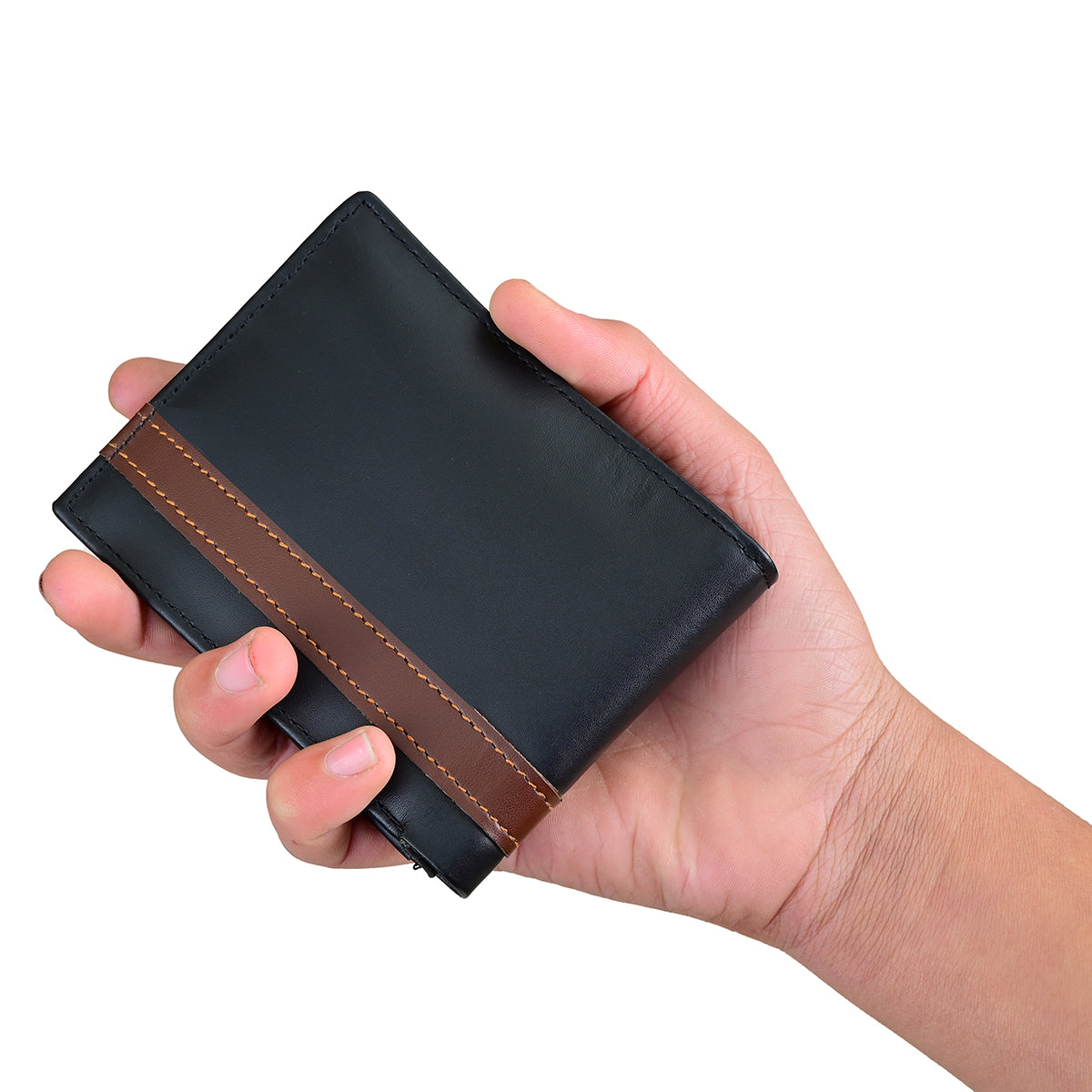 Classic Black Leather Wallet with Stylish Brown Stripe